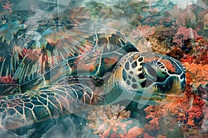 A sea turtle blending with the colors and textures of coral reefs in a double exposure