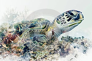 A sea turtle blending with the colors and textures of coral reefs in a double exposure