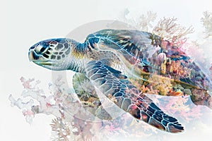 A sea turtle blending with the colors and textures of coral reefs in a double exposure