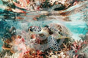 A sea turtle blending with the colors and textures of coral reefs in a double exposure