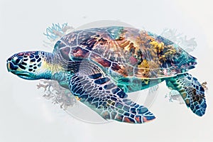 A sea turtle blending with the colors and textures of coral reefs in a double exposure