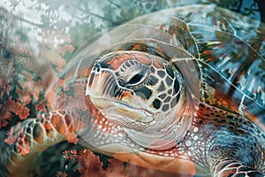 A sea turtle blending with the colors and textures of coral reefs in a double exposure
