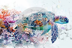 A sea turtle blending with the colors and textures of coral reefs in a double exposure