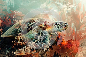 A sea turtle blending with the colors and textures of coral reefs in a double exposure