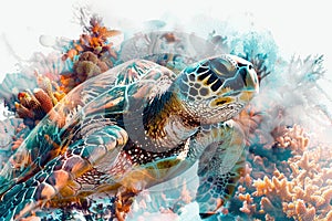 A sea turtle blending with the colors and textures of coral reefs in a double exposure