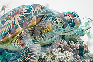 A sea turtle blending with the colors and textures of coral reefs in a double exposure