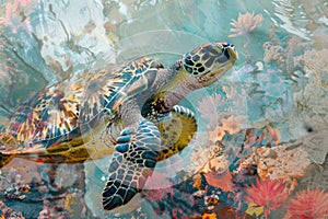 A sea turtle blending with the colors and textures of coral reefs in a double exposure