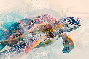 A sea turtle blending with the colors and textures of coral reefs in a double exposure