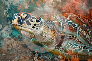 A sea turtle blending with the colors and textures of coral reefs in a double exposure