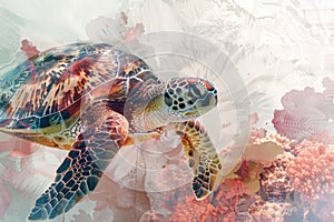 A sea turtle blending with the colors and textures of coral reefs in a double exposure