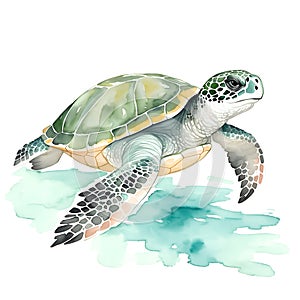Sea turtle in cartoon style. Cute Little Cartoon Sea turtle isolated on white background. Watercolor drawing, hand-drawn Sea