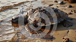 A sea turtle, covered in oil, lies on the beach with its head in the water. Ocean pollution, the impact of oil spills on marine