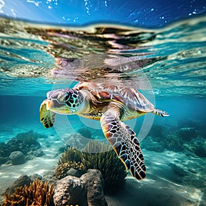 Sea turtle in crystal clear blue water