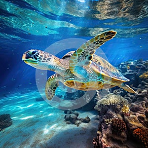 Sea turtle in crystal clear blue water