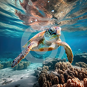 Sea turtle in crystal clear blue water