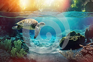 Sea turtle in crystal clear water. Amazing crystalline seabed. Reef full of life. Generative AI