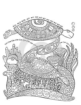 Sea turtle doodle style coloring page. Underwater illustration for adult coloring.