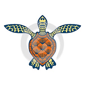 Sea turtle drawing. Line art colorful vector drawing. Tattoo design, symbol.