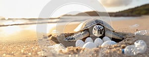 Sea turtle with eggs on a beach, plastic bottles around in sunset light. A turtle beside its eggs amidst litter