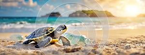 Sea turtle encounters a plastic bottle on a sandy beach at sunrise. The ocean's marine life faces human pollution