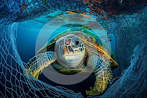 Sea turtle entangled in a discarded fishing net. Generative AI