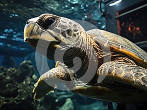 Sea turtle explorer with flashlight in aquarium