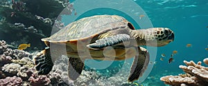 Sea turtle gracefully swims over a colorful coral reef in crystal clear waters