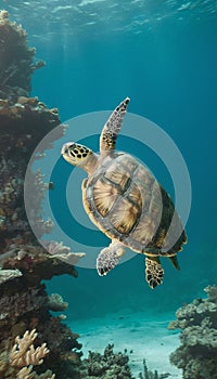 A sea turtle gracefully swims over a colorful coral reef in the crystal clear waters of the ocean