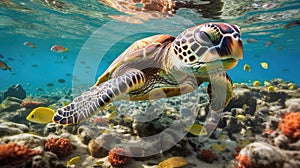 sea turtle with a group of colorful fish and colorful corals underwater in the ocean, underwater world in the ocean
