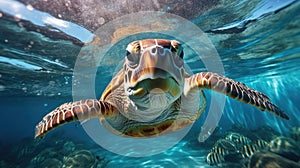 sea turtle with a group of colorful fish and colorful corals underwater in the ocean, underwater world in the ocean