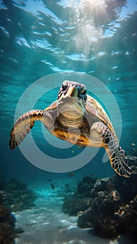 sea turtle with a group of colorful fish and colorful corals underwater in the ocean, underwater world in the ocean