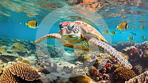 sea turtle with a group of colorful fish and colorful corals underwater in the ocean, underwater world in the ocean