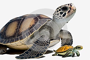 Sea turtle with a hawksbill on an isolated white backdrop