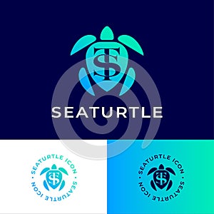 Sea Turtle icon. Turtle silhouette with S and T monogram. Identity.