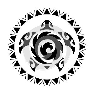 Sea turtle in the Maori style. Tattoo sketch round circle ornament.