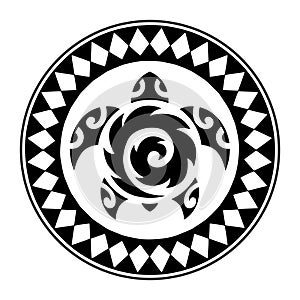 Sea turtle in the Maori style. Tattoo sketch round circle ornament.