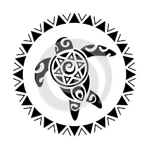 Sea turtle in the Maori style. Tattoo sketch round circle ornament.