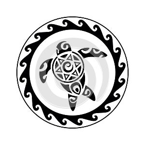Sea turtle in the Maori style. Tattoo sketch round circle ornament. Turtle logo, symbol, emblem.