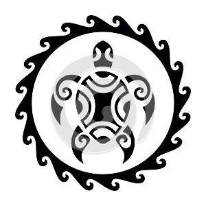 Sea turtle in the Maori style. Tattoo sketch round circle ornament. Turtle logo, symbol, emblem.