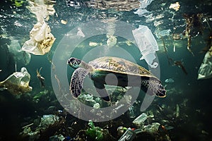 Sea turtle swimming through ocean filled with plastic waste pollution