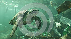 Sea turtle navigates through underwater pollution, highlighting environmental concerns