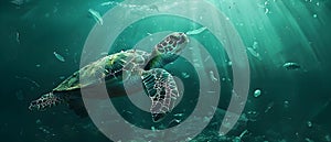 Sea turtle navigating through plastic pollution in ocean, mistaking debris for food. Concept Marine