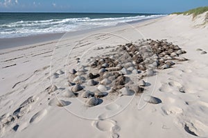 sea turtle nest, with eggs and hatchlings visible, surrounded by sand