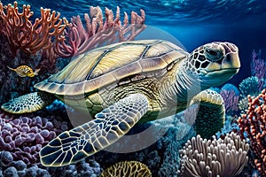 Sea turtle in ocean underwater world background.