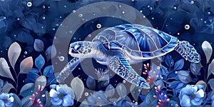 Sea turtle with ocean waves in the style of boho - seamless pattern. Environmental Protection