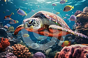 Sea turtle portrait photo in sea. Tropical seashore diving banner template