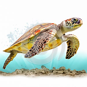 A sea turtle in a pose swimming on a white background. Sea turtle. Realistic, artistic