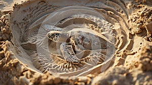 Sea turtle resting in a sand pit with patterned trails on a sunny beach