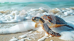 A sea turtle rests on a tropical sandy beach, with gentle ocean waves lapping at the shore, Ai Generated