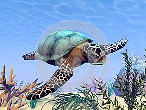 Sea turtle in the sea - 3D render